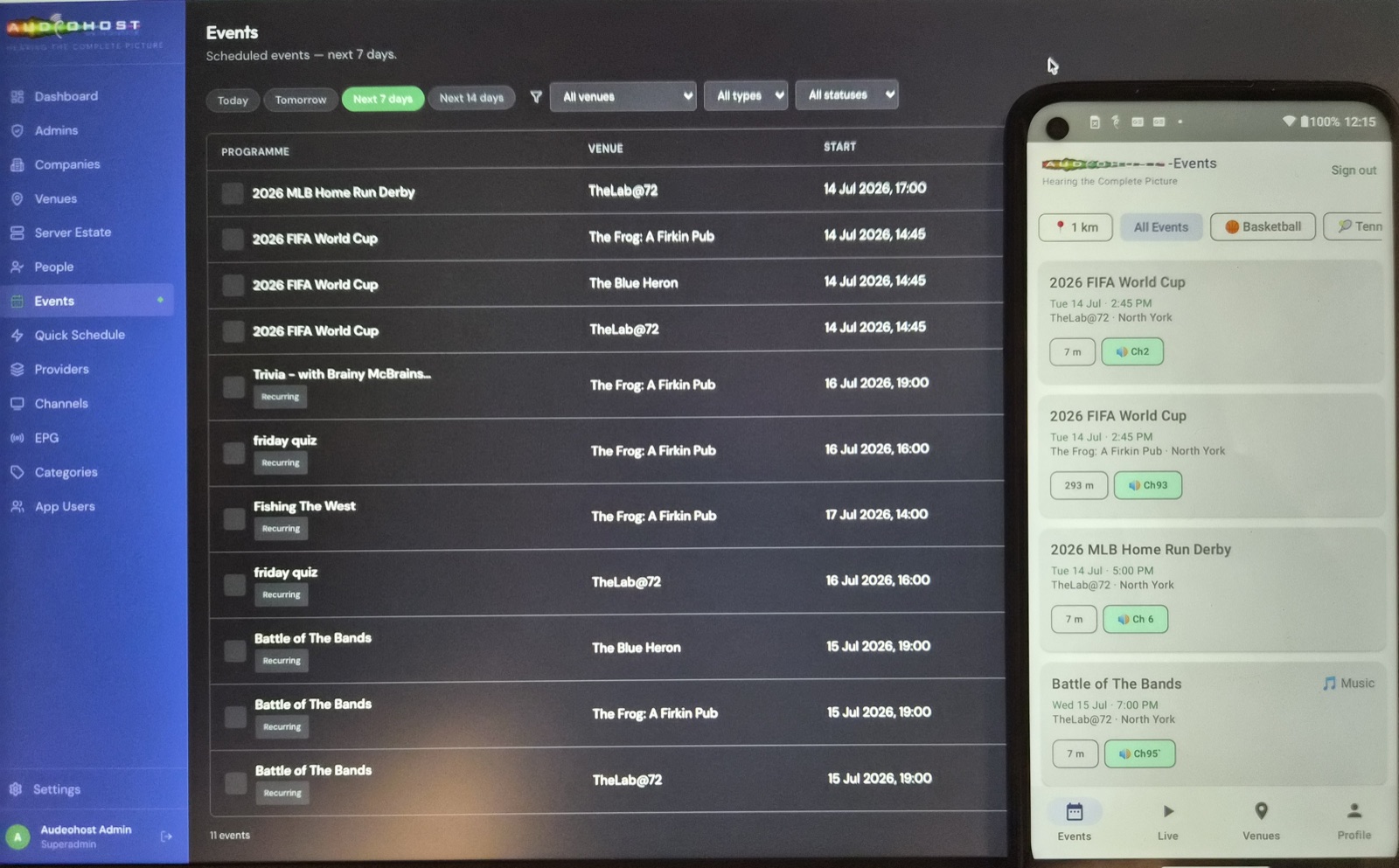 Audeo-Portal and Audeohost-Events app showing same content